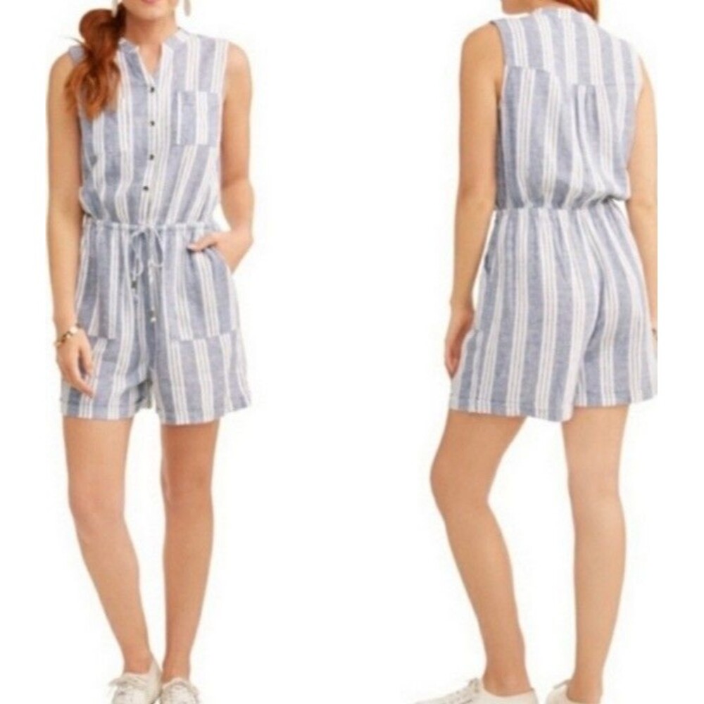 Kelly Renee Medium Romper Linen White Blue Striped Tie Waist Sleeveless Casual